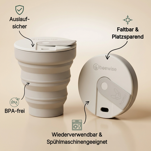 A collapsible, reusable travel cup with a lid, shown both expanded and collapsed, highlighting its leak-proof and BPA-free features.
