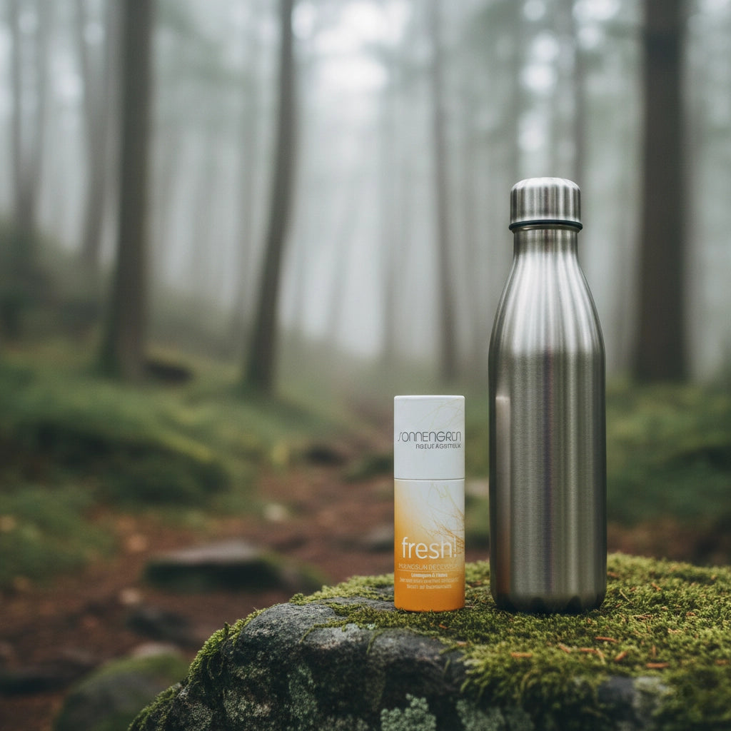 Der aluminiumfreie Deostick 'fresh!' steht zusammen mit einer Edelstahl-Trinkflasche auf einem moosigen Stein in einem nebligen Wald – ideal für Outdoor-Aktivitäten.