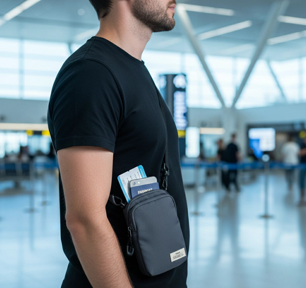 Ein Reisender am Flughafen trägt die kompakte graue Umhängetasche für Handy und Reisepass – nachhaltig gefertigt aus recyceltem Material.
