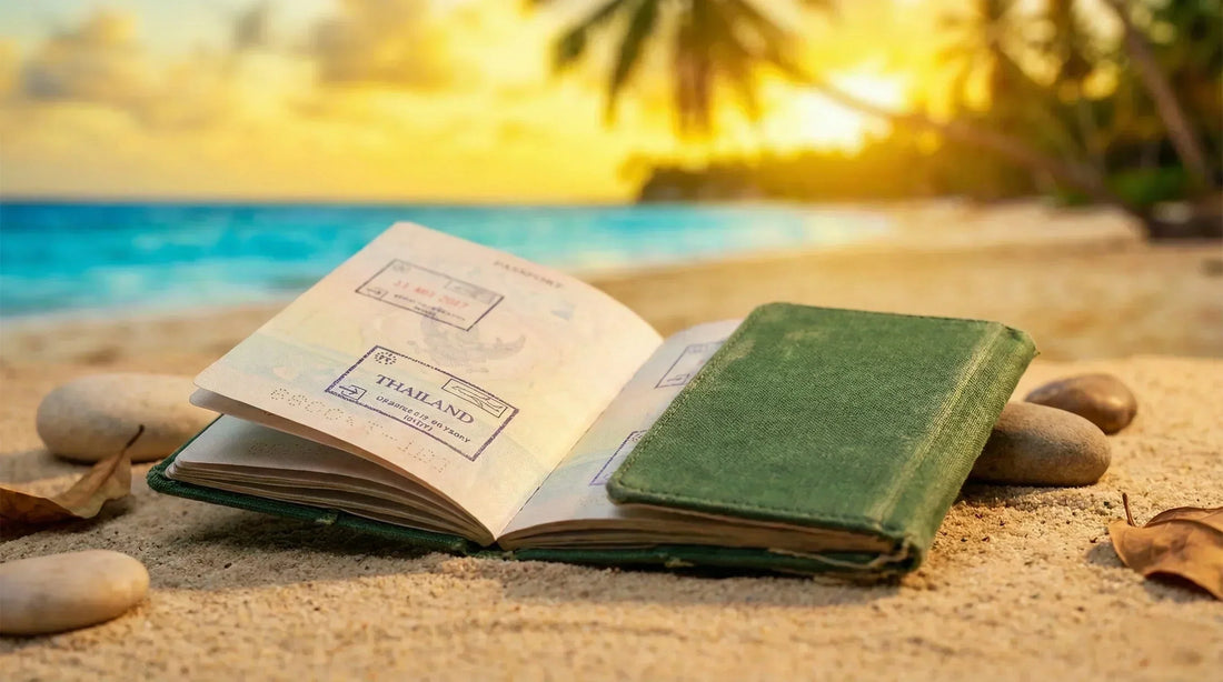 Ein aufgeschlagener Reisepass mit Einreisestempeln liegt neben einer grünen Passhülle im Sand an einem tropischen Strand in Thailand bei Sonnenuntergang.