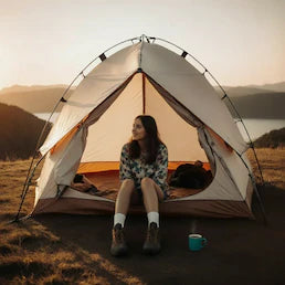 Eine Frau sitzt im Eingang ihres Zeltes beim Camping und blickt bei Sonnenuntergang auf eine hügelige Landschaft mit einem See, passend zur trekaro-Kollektion "Campen".