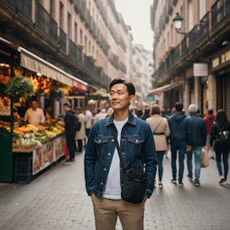 Ein Mann mit einer kleinen, schwarzen Umhängetasche steht in einer belebten europäischen Gasse mit Marktständen, passend zur trekaro-Kollektion "Städtetrip".