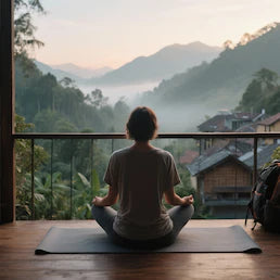 Eine Person sitzt im Yoga-Sitz auf einer Matte auf einem Holzbalkon und meditiert mit Blick auf ein nebliges Tal mit Bergen, passend zur trekaro-Kollektion "Yoga & Wellness".