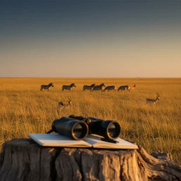 Ein Fernglas und ein Notizbuch auf einem Baumstumpf im Vordergrund einer Savanne mit Zebras, passend zur trekaro-Kollektion "Safari & Tierbeobachtung".