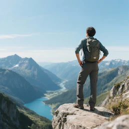 Ein Wanderer mit Rucksack steht auf einem Felsvorsprung und blickt über ein alpines Tal mit einem blauen Bergsee, passend zur trekaro-Kollektion "Natur & Outdoor".