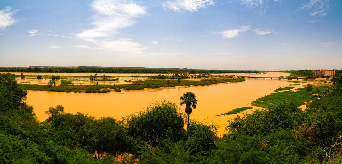 Weites Panorama des lehmig-braunen Flusses Niger mit grüner Ufervegetation, Bäumen und Brücken im Hintergrund unter leicht bewölktem blauem Himmel.