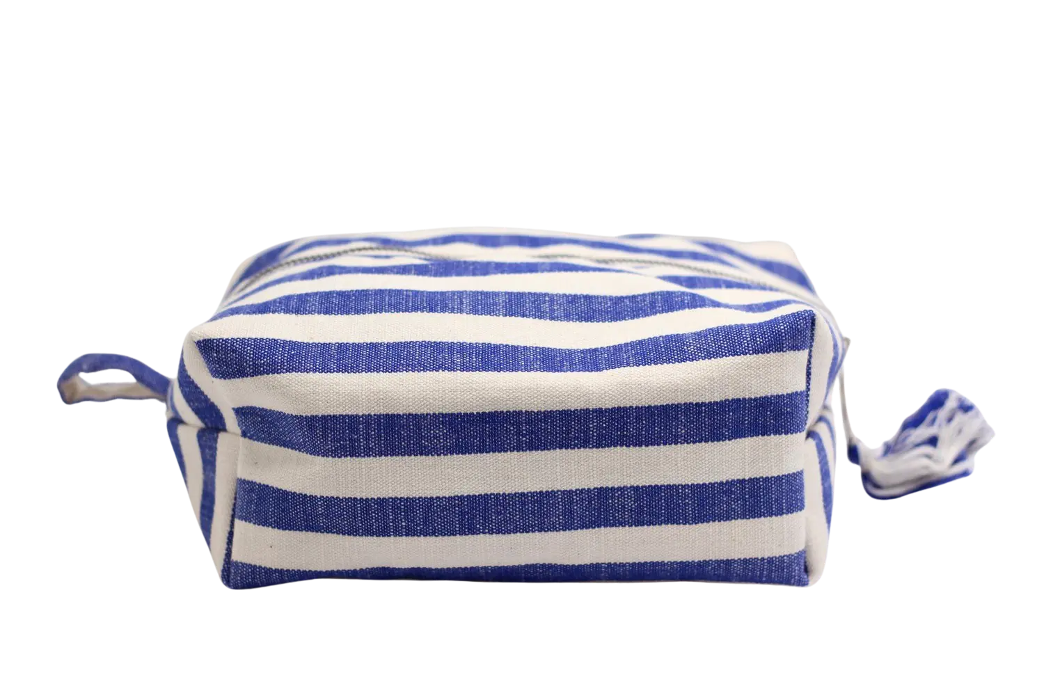 Handgemachte Kosmetiktasche Ole – nachhaltig und stilvoll in Blau/Ecru  - Dokudu
