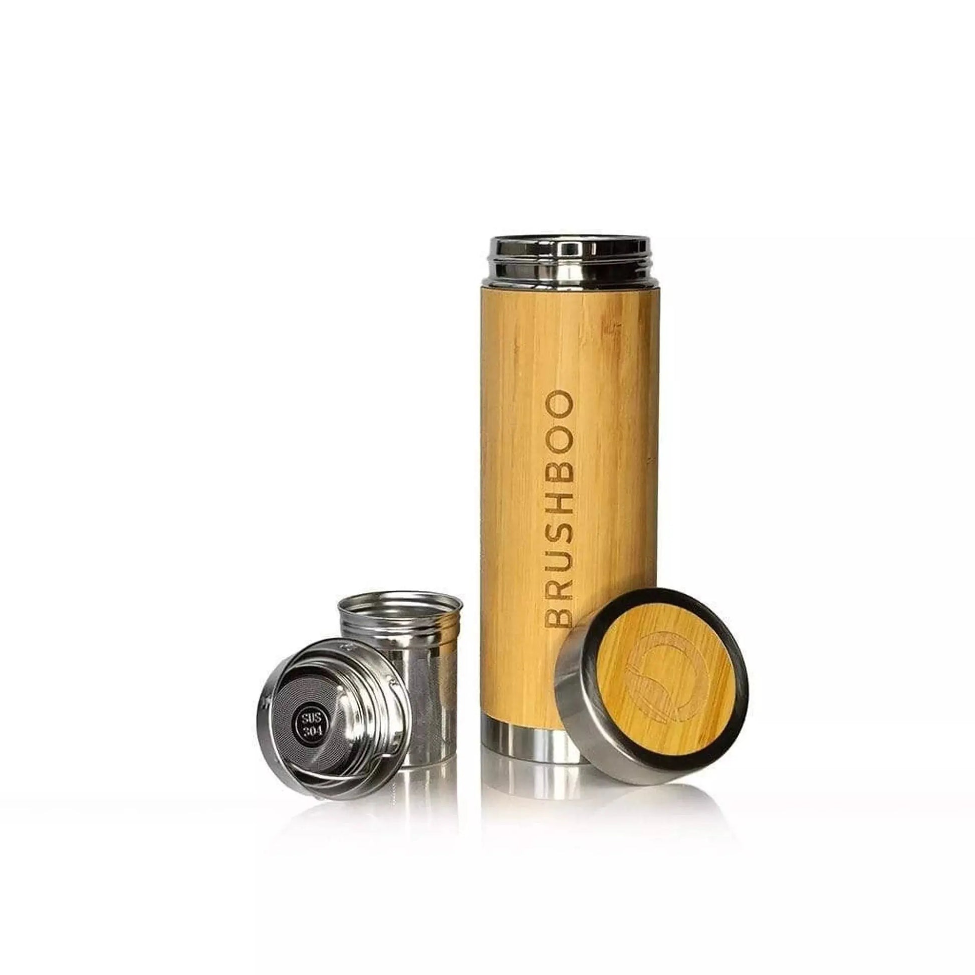 Isolierte Reise-Thermoflasche – Bambus & Edelstahl, doppelwandig, 360ml  - Brushboo