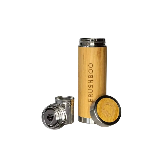 Isolierte Reise-Thermoflasche – Bambus & Edelstahl, doppelwandig, 360ml  - Brushboo