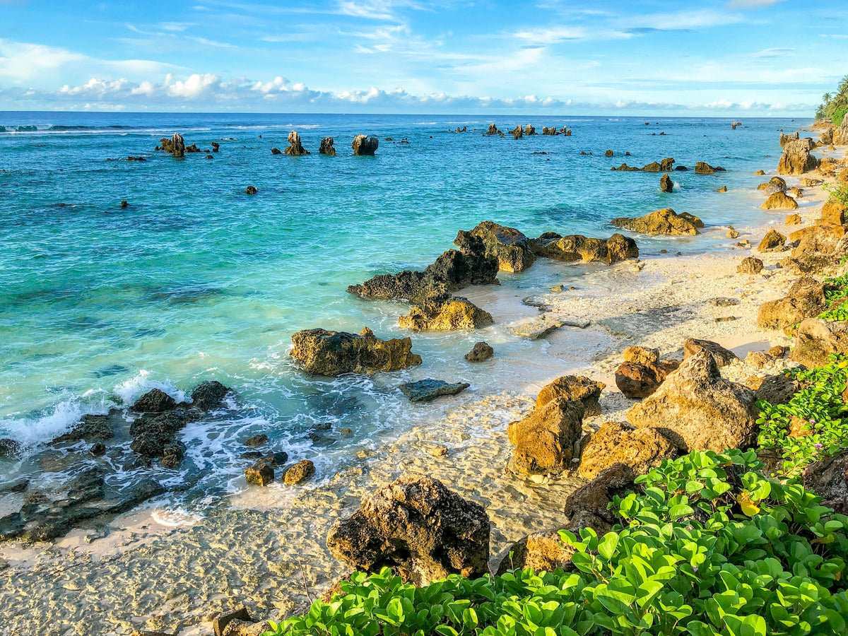 Sandstrand auf Nauru mit spitzen Kalkstein- und Korallenfelsen im türkisfarbenen Wasser des Pazifiks und grüner Küstenvegetation im Vordergrund.