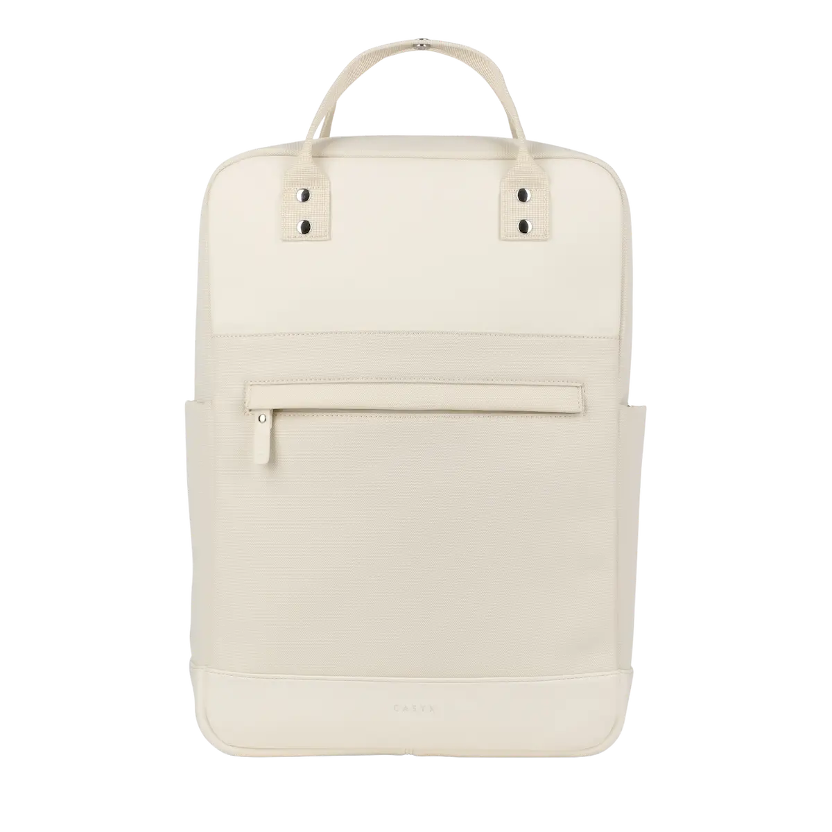 Vorderansicht des beigefarbenen Casyx Rucksacks mit einer Reißverschlusstasche vorne und zwei Tragegriffen oben.