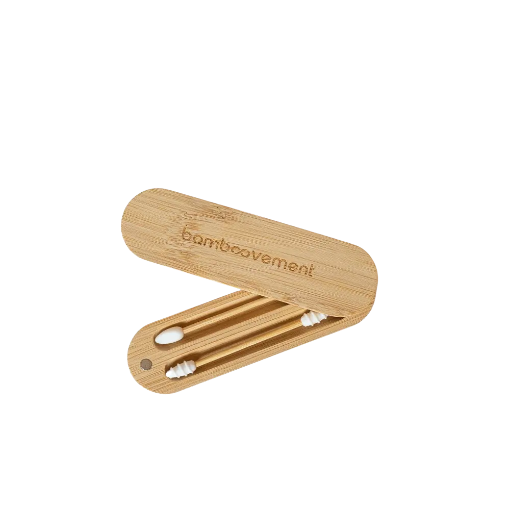 Wiederverwendbare Silikon-Ohren- und Make-up-Stäbchen im Bambusetui – 2 Stück, Nachhaltig & Vielseitig  - Bamboovement