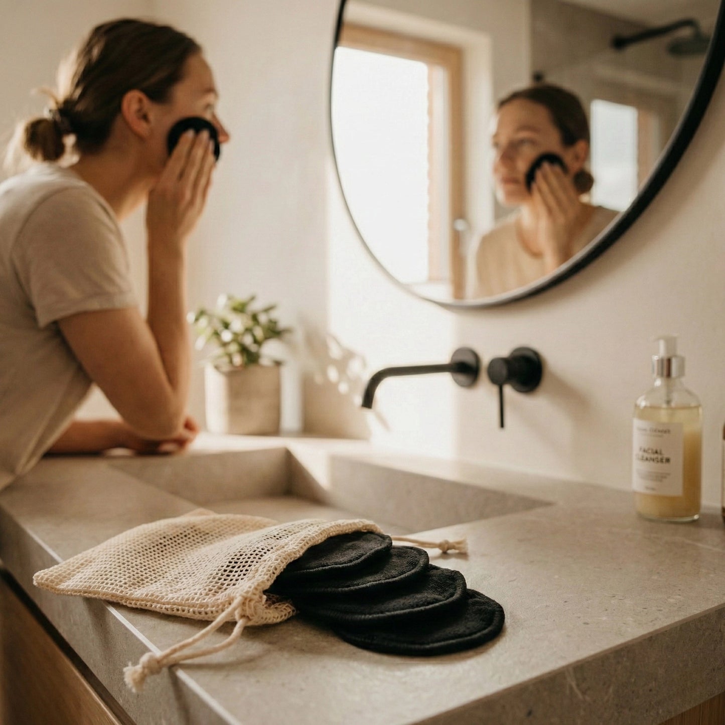 Ein Set aus sechs schwarzen Make-up-Entferner-Pads liegt neben einem passenden Baumwoll-Wäschenetz auf einer modernen Stein-Waschtischplatte im Badezimmer.
