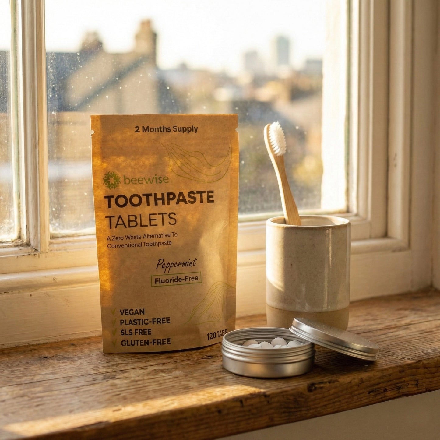 Ein nachhaltiges Zahnpflege-Set bestehend aus einer Packung beewise Zahnpasta-Tabletten, einer Bambuszahnbürste und einer wiederverwendbaren Aluminiumdose auf einem rustikalen Holzfensterbrett.