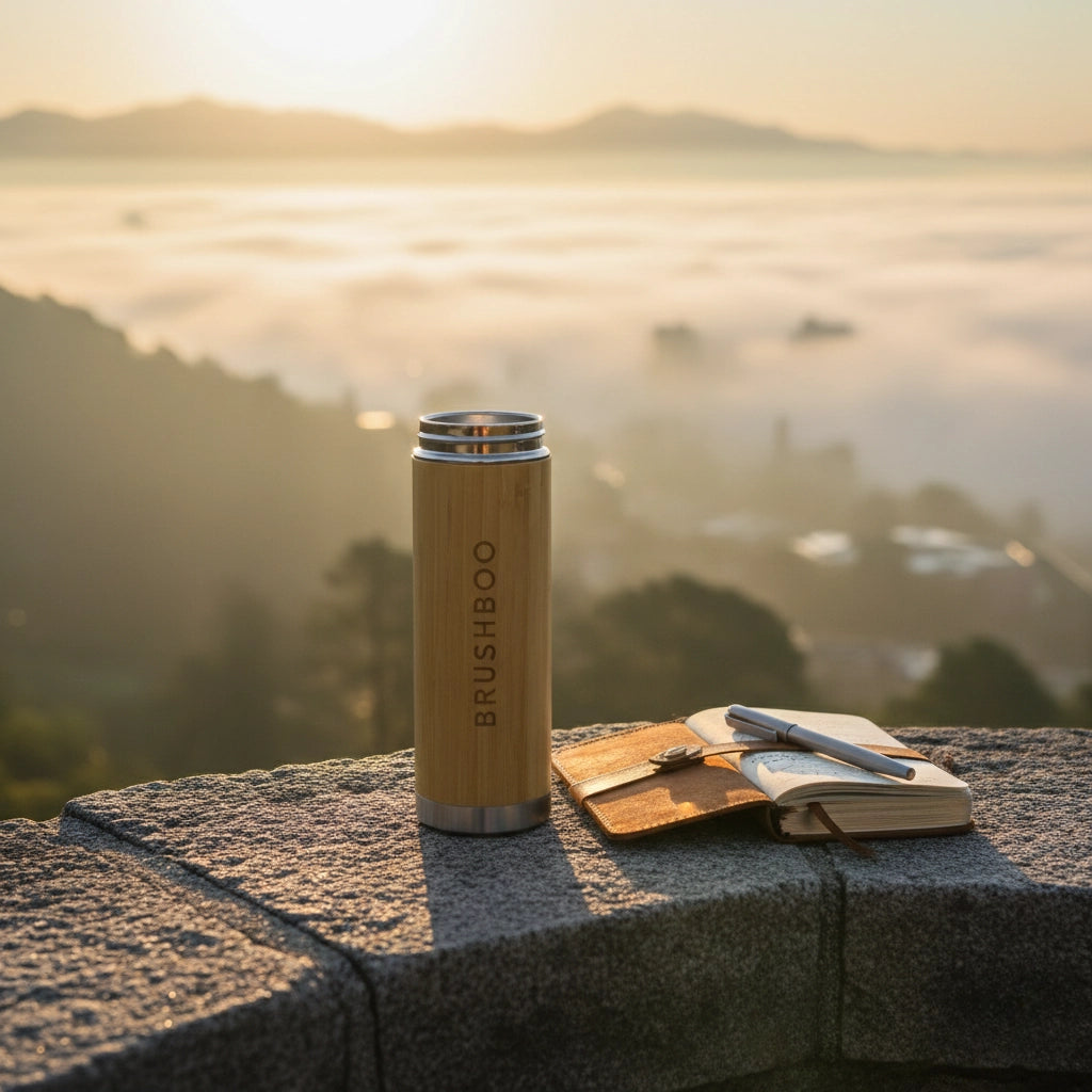 Die Brushboo Reise-Thermoflasche aus Bambus steht bei Sonnenaufgang auf einer Mauer vor einer nebligen Berglandschaft, daneben liegt ein Reisetagebuch.