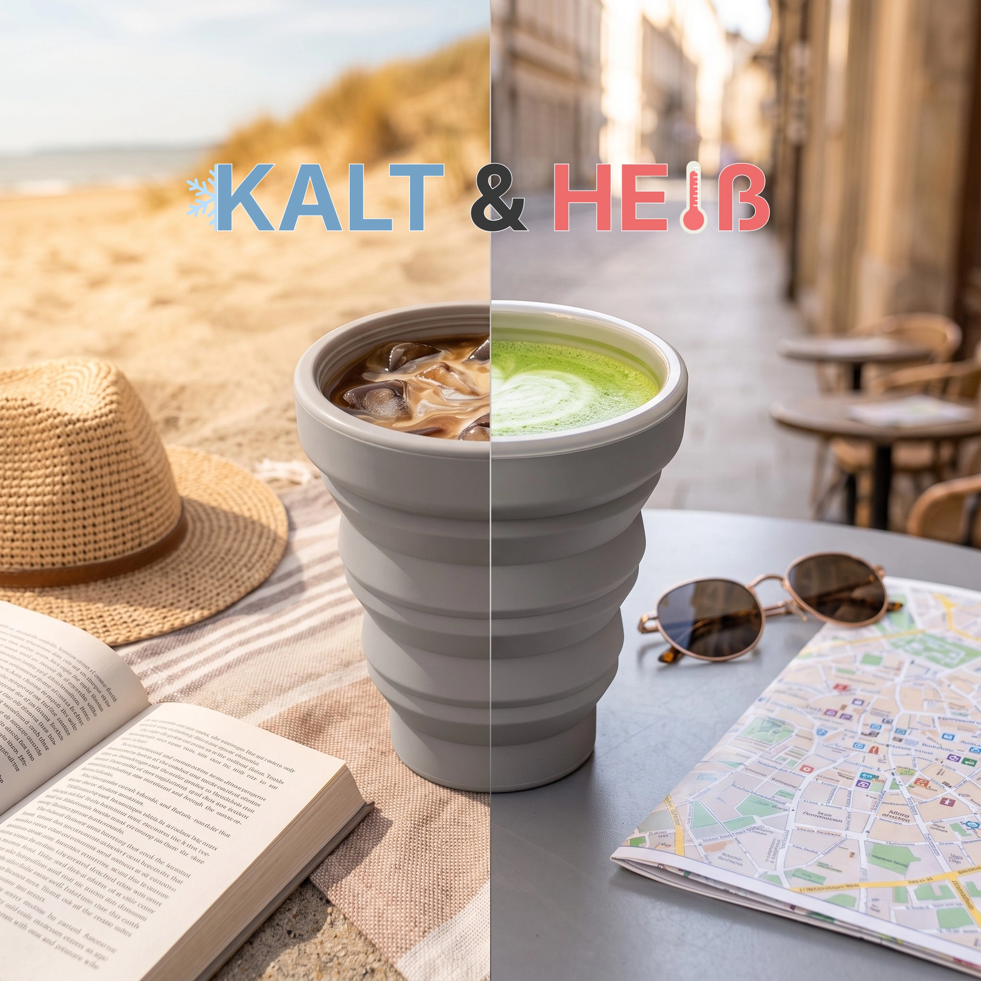 A split image shows a collapsible cup with iced coffee on a beach and a cup with matcha latte in a city cafe.