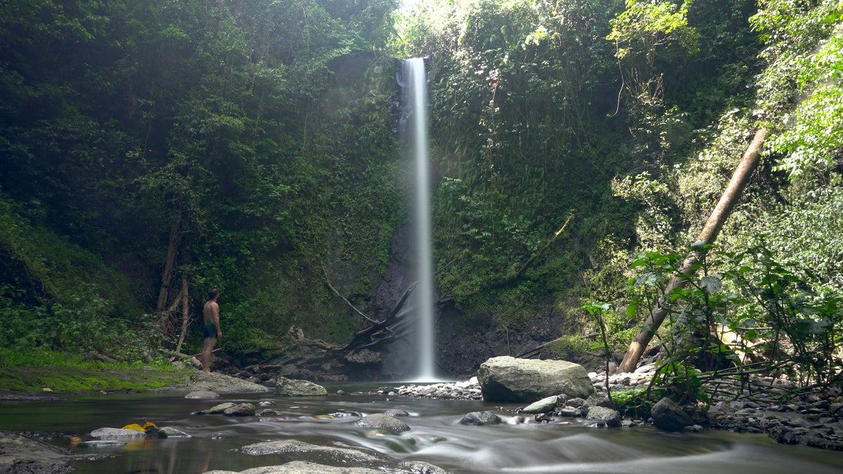 Ein schmaler, hoher Wasserfall stürzt inmitten eines dichten, grünen Dschungels in ein Flussbecken, an dessen Ufer ein Mann im Schatten der Bäume steht.