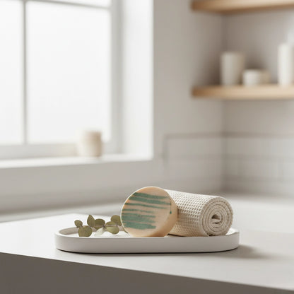 Ein runder, fester Conditioner Hanf von MUSA liegt zusammen mit einem aufgerollten Waffelhandtuch und einem Eukalyptuszweig auf einer weißen Ablage im hellen Badezimmer.