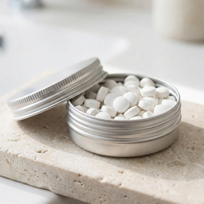 Nahaufnahme der geöffneten 30ml Aluminiumdose von OceansRespect, gefüllt mit weißen Zahnpasta-Tabletten auf einem hellen Naturstein.