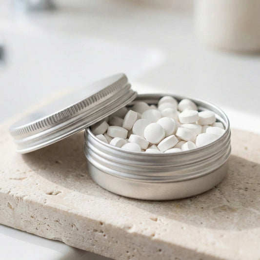 Nahaufnahme der geöffneten 30ml Aluminiumdose von OceansRespect, gefüllt mit weißen Zahnpasta-Tabletten auf einem hellen Naturstein.
