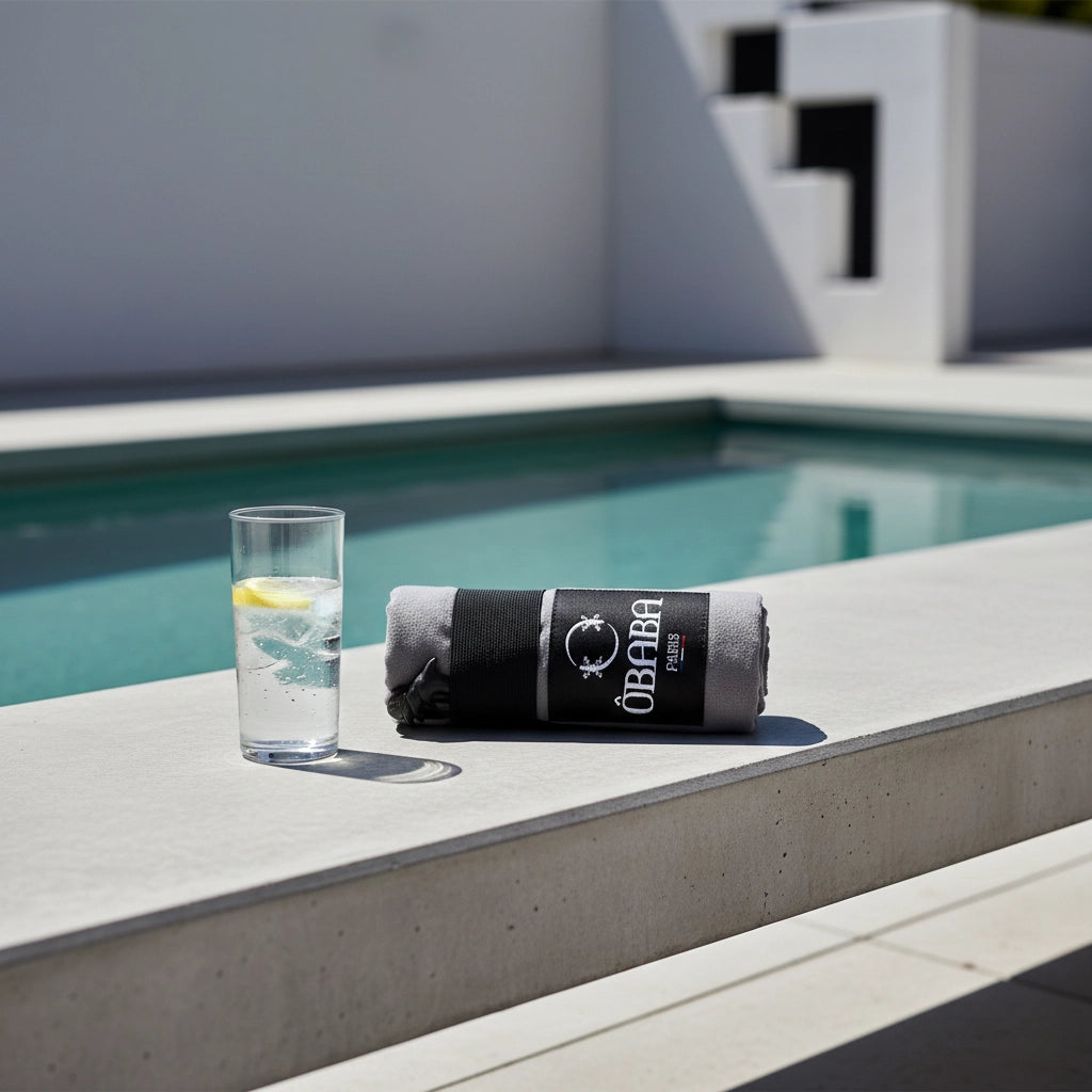 Ein kompakt gerolltes graues OBABA Strandtuch mit elastischem Band liegt neben einem Glas Wasser mit Zitrone am Rand eines modernen Infinity-Pools.