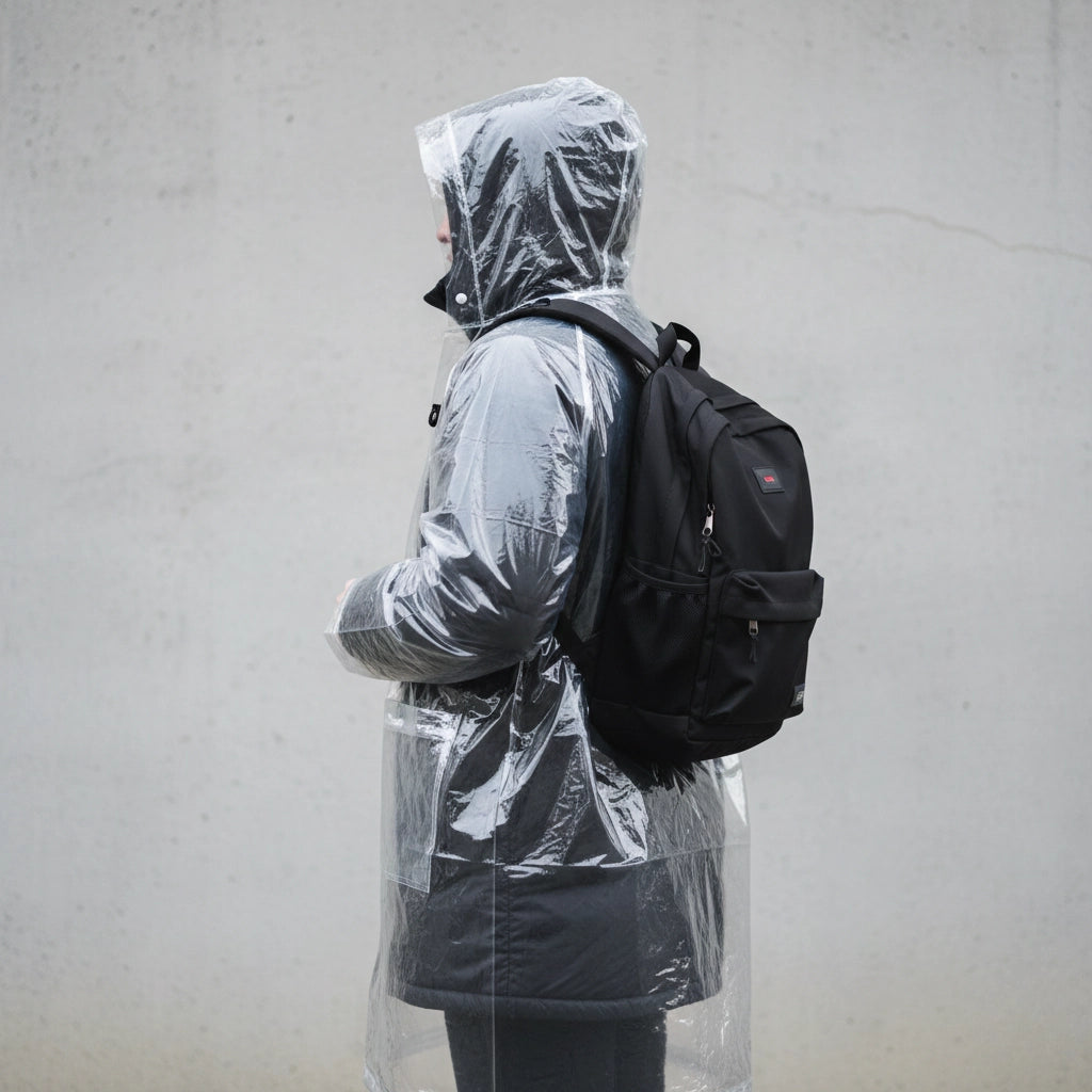 Seitenansicht einer Person mit schwarzem Rucksack unter einem weiten, transparenten Regenmantel vor einer grauen Wand – praktischer Wetterschutz für Wanderer und Pendler.