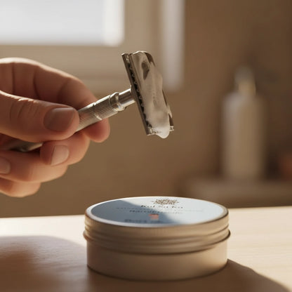 Vegane Reise-Rasierseife 'Bart ab' in der Metalldose. Ein silberner Rasierhobel mit Schaum schwebt über der palmölfreien Naturkosmetik-Rasierseife für eine nachhaltige Rasur unterwegs.