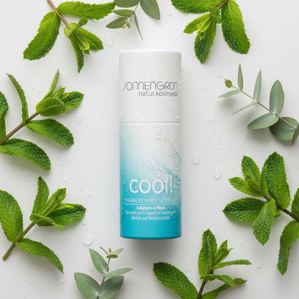 Nachhaltiger Magnesium-Deostick 'cool!' von Sonnengrün mit Eukalyptus und Minze, flach liegend zwischen frischen Minzblättern und Wassertropfen.
