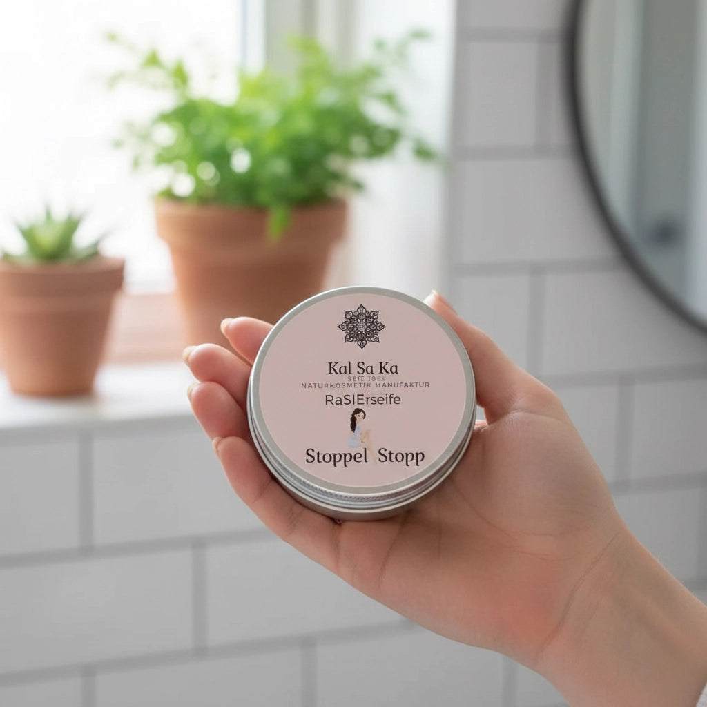 Eine Hand hält die geöffnete Dose der 'Stoppel Stopp' Rasierseife in einem hellen Badezimmer mit Pflanzen im Hintergrund.