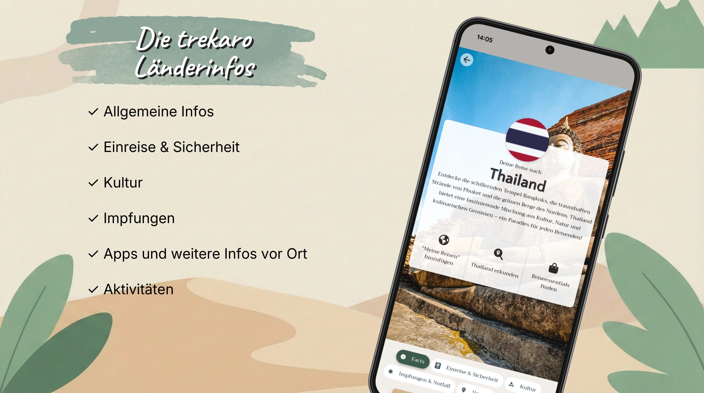 Die trekaro App zeigt Länderinfos für Thailand: Übersicht zu Einreise, Sicherheit, Kultur, Impfungen und Aktivitäten für deutsche Reisende.