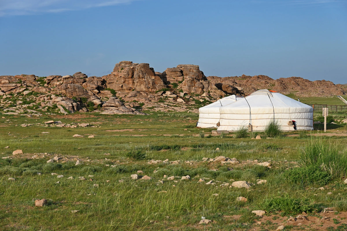 Zwei weiße mongolische Jurten stehen auf einer grünen Grasfläche vor einer Kulisse aus erdfarbenen, felsigen Hügeln unter blauem Himmel.