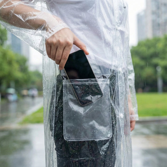 Nahaufnahme einer Hand, die ein Smartphone in die transparente Tasche eines wasserdichten Regenmantels steckt – Schutz vor Regen bei voller Sichtbarkeit des Inhalts.