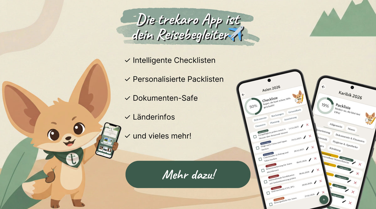 Übersicht der trekaro App Funktionen: Intelligente Checklisten, personalisierte Packlisten und digitaler Dokumenten-Safe.