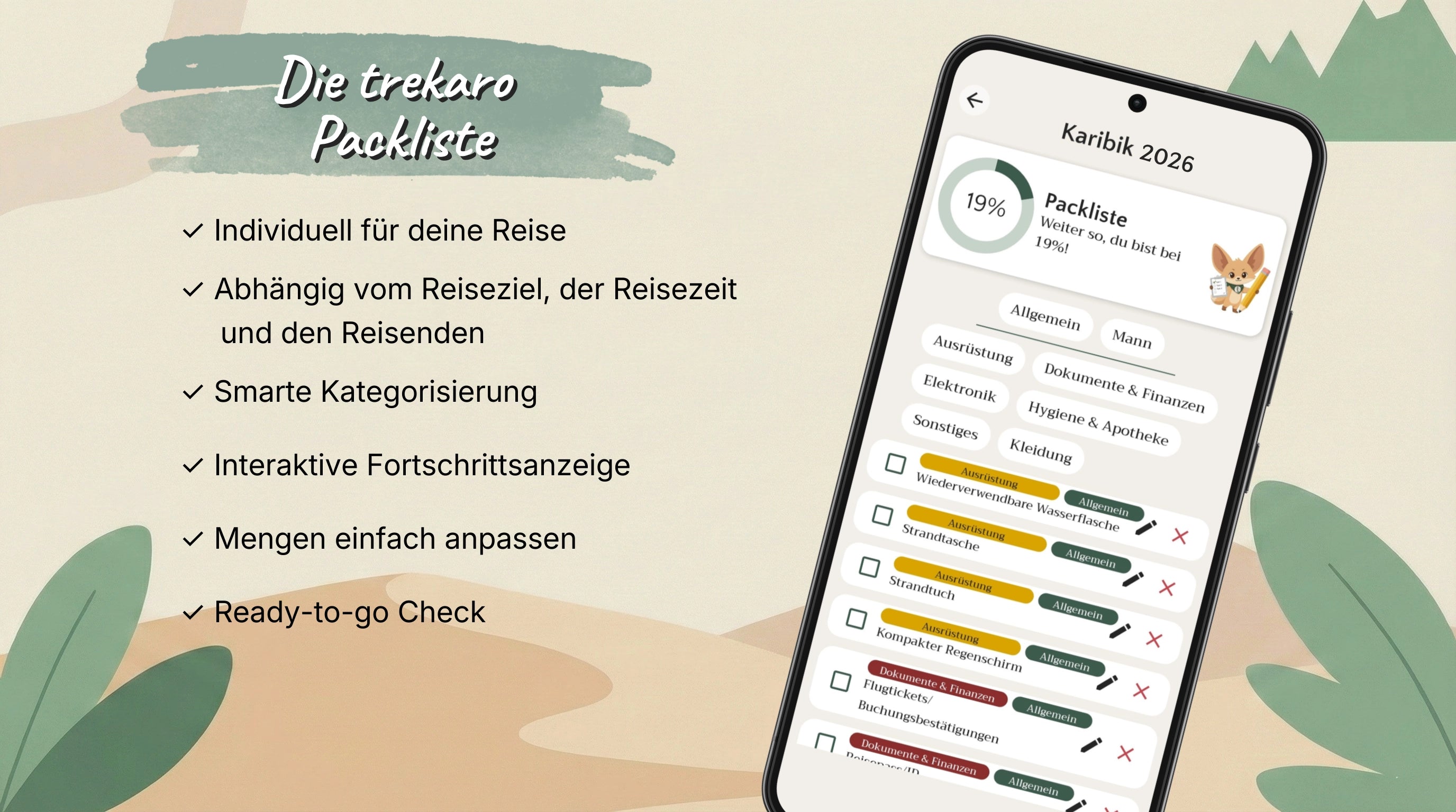 Die trekaro Packliste in der App-Ansicht: Eine smarte, individuelle Checkliste für die Reiseplanung mit Fortschrittsanzeige und Kategorien wie Hygiene und Dokumente.