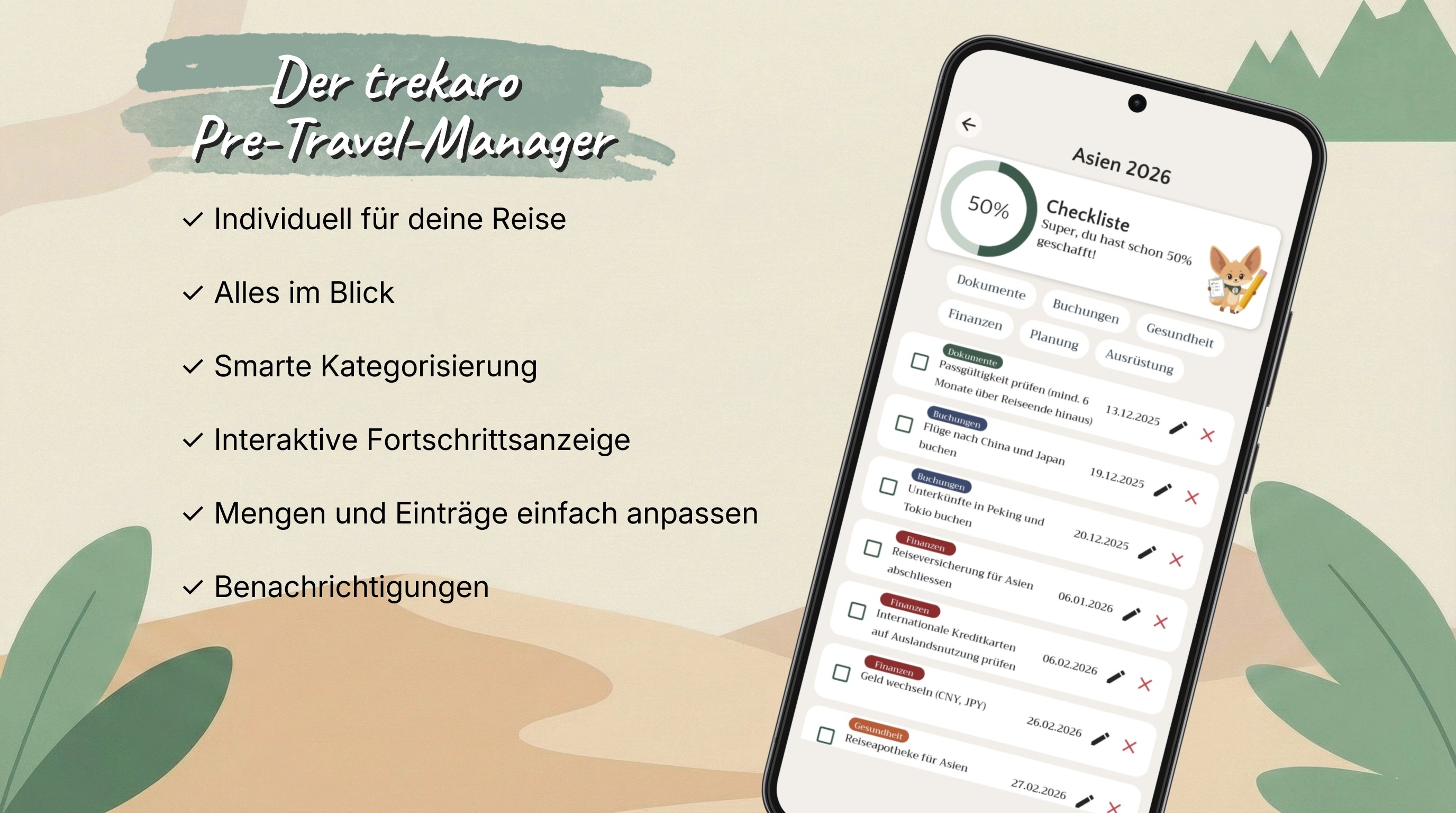 Die trekaro App-Ansicht des Pre-Travel-Managers: Eine interaktive Checkliste für die Reiseplanung nach Asien 2026 mit Kategorien wie Dokumente, Finanzen und Gesundheit.