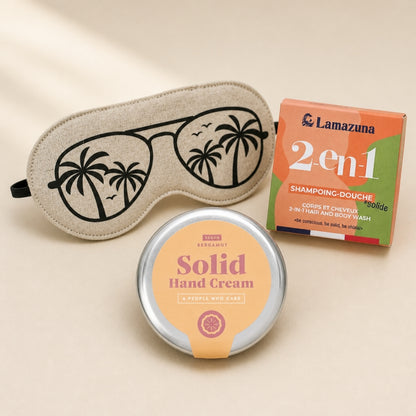 trekaro Handgepäck-Paket: Nachtmaske, feste Handcreme Bergamotte und festes 2-in-1 Duschgel & Shampoo
