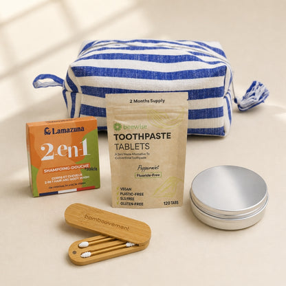 trekaro Kulturbeutel-Paket: Kosmetiktasche Ole, festes 2-in-1 Duschgel, Zahnpasta-Tabletten, Aluminiumdose und Silikon-Wattestäbchen
