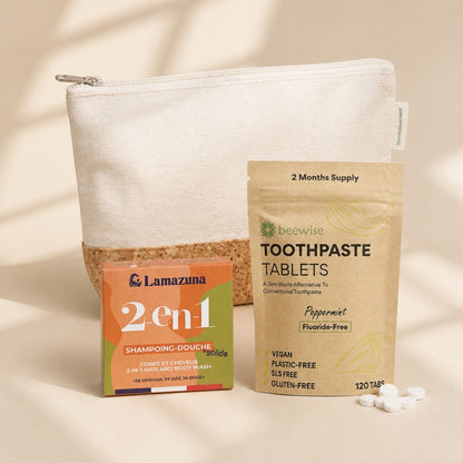 trekaro Wichtel-Paket Gefüllter Kulturbeutel: Kulturbeutel aus Kork, festes 2-in-1 Duschgel und Zahnpasta-Tabletten