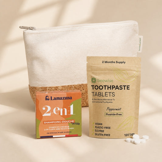 trekaro Wichtel-Paket Gefüllter Kulturbeutel: Kulturbeutel aus Kork, festes 2-in-1 Duschgel und Zahnpasta-Tabletten