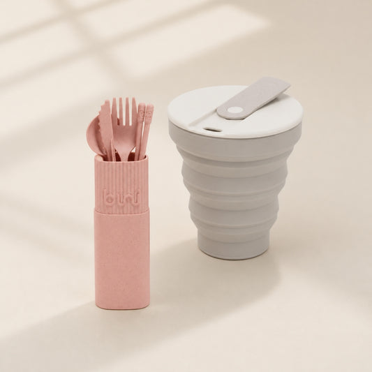 trekaro Wichtel-Paket Kaffee to go: faltbarer Kaffeebecher und Reise-Besteckset Blush