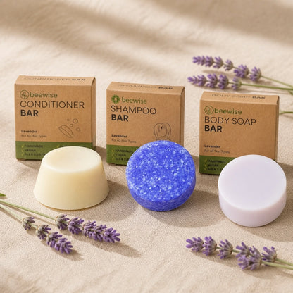 Pflege-Trio Lavendel: festes Shampoo, fester Conditioner und Körperseife von Beewise
