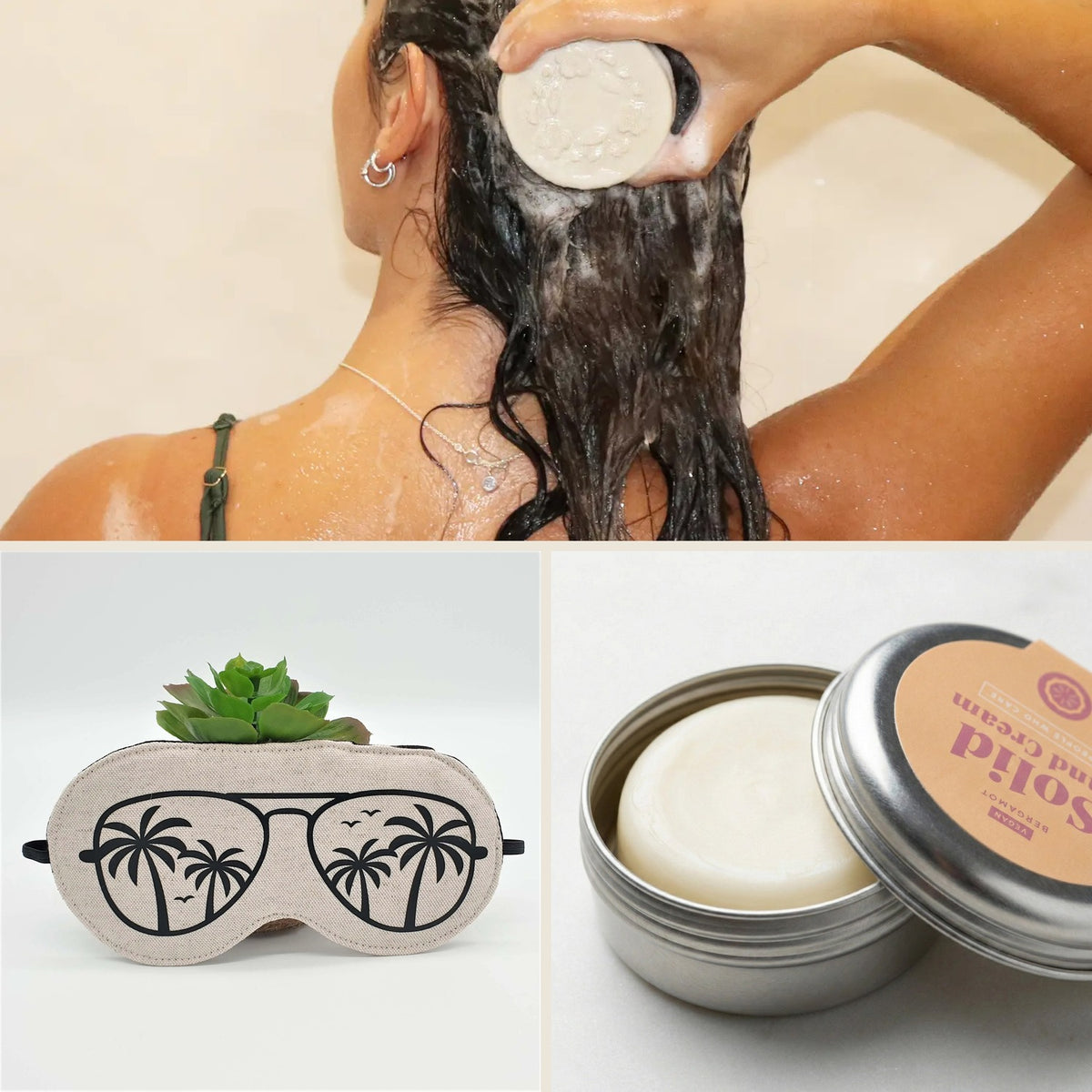 Handgepäck-Paket im Einsatz: festes 2-in-1 Duschgel, Nachtmaske und feste Handcreme