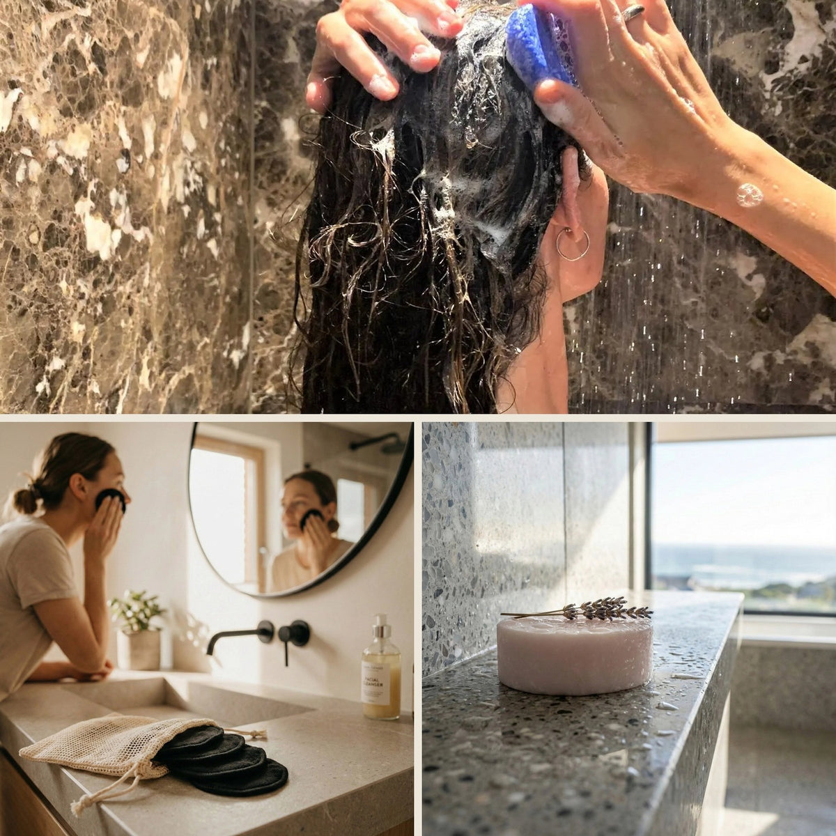 Pflege-Paket im Einsatz: festes Shampoo, Abschminkpads und Körperseife