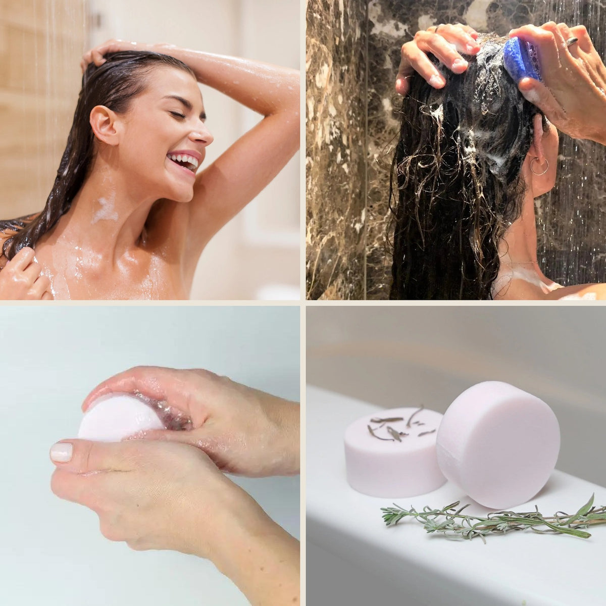 Pflege-Trio im Einsatz: fester Conditioner, festes Shampoo und Körperseife mit Lavendel unter der Dusche