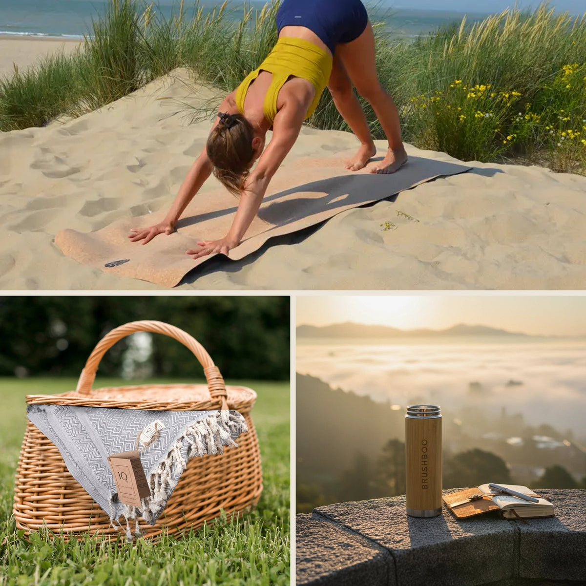 Yoga-Paket im Einsatz: Yoga am Strand, Hamamtuch und Thermoflasche