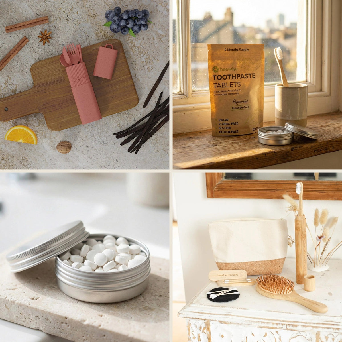 Wichtel-Paket Zero-Waste-Starter im Einsatz: Besteck, Zahnpasta-Tabs, Aludose und Wattestäbchen