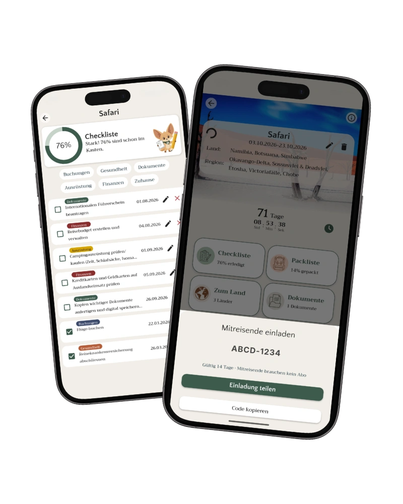 Zwei Smartphones mit Screenshots der trekaro App, die zeigen, wie einfach die Reisen mit anderen geteilt werden können.