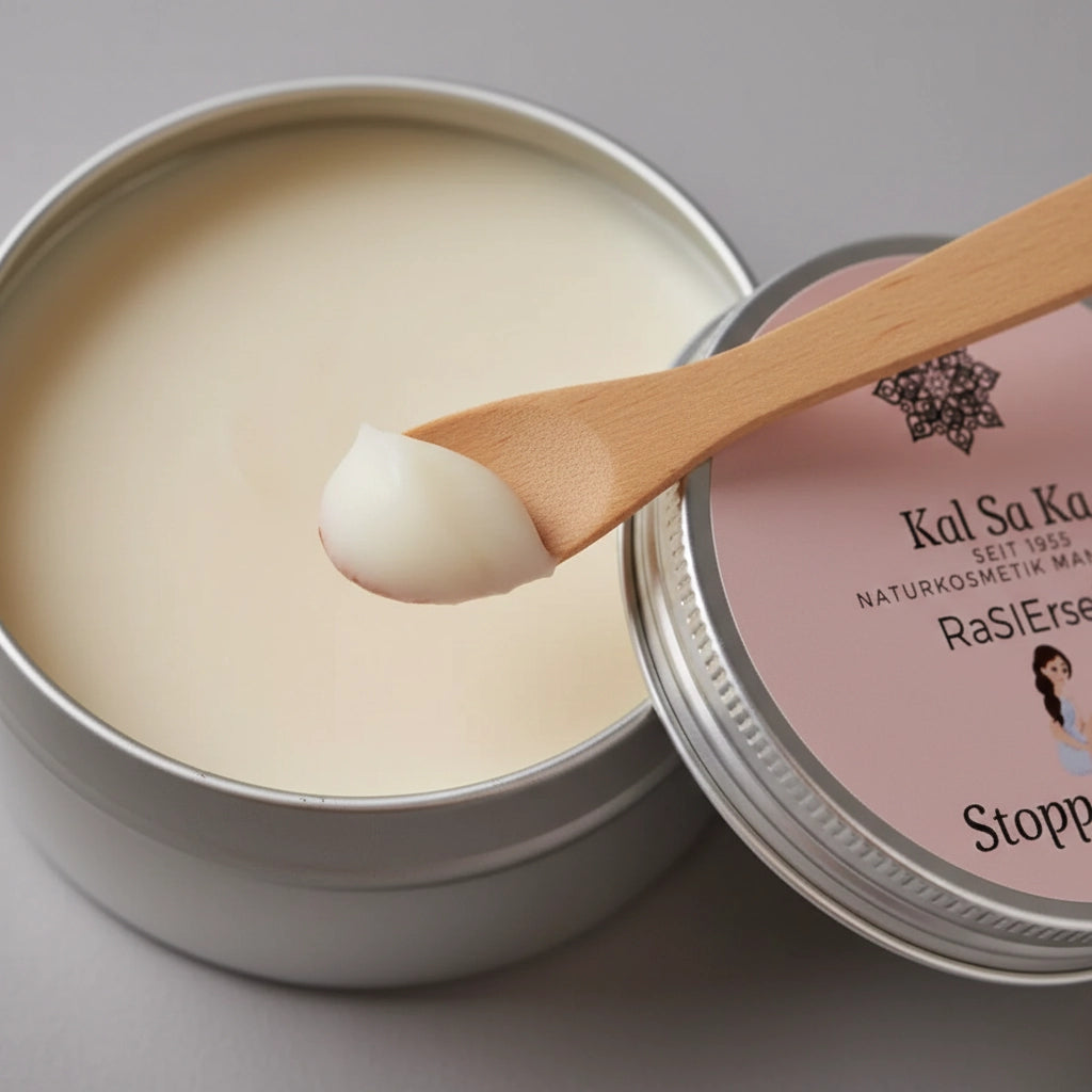 Nahaufnahme der cremigen weißen Textur der veganen Rasierseife 'Stoppel Stopp', die mit einem Holzspatel aus der Dose entnommen wird.