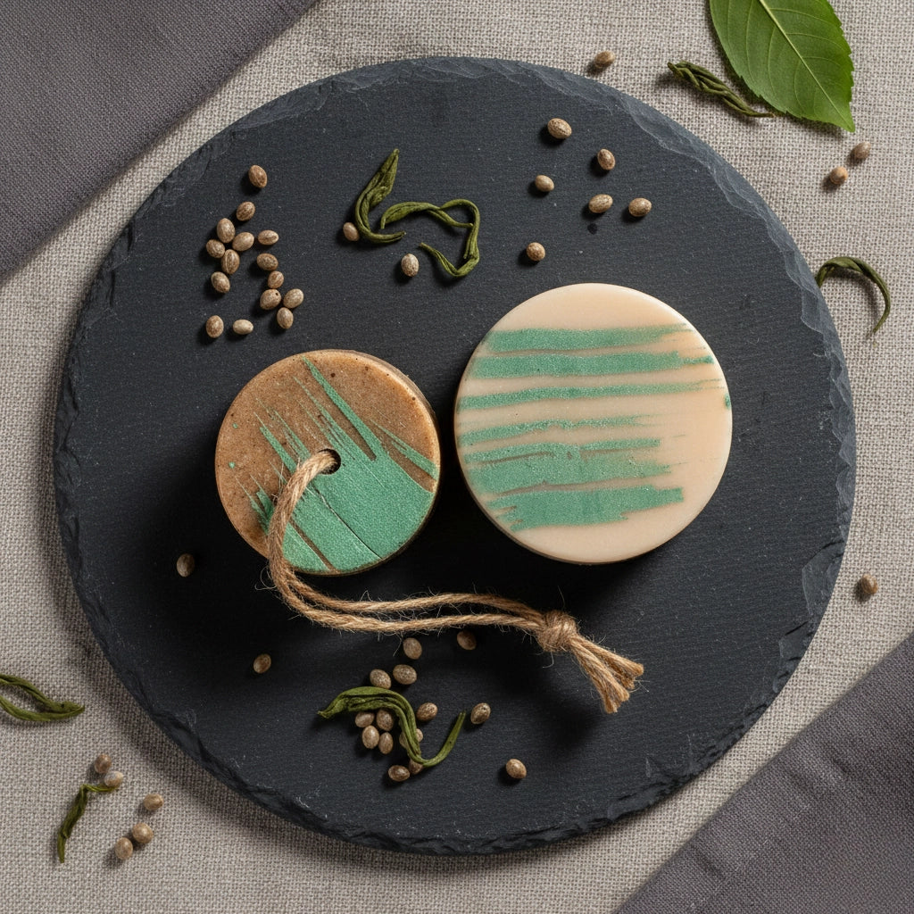 Nachhaltige Haarpflege im Detail: Der feste MUSA Conditioner Hanf und das passende Shampoo liegen auf einer Schieferplatte, dekoriert mit Hanfsamen und grünen Blättern.