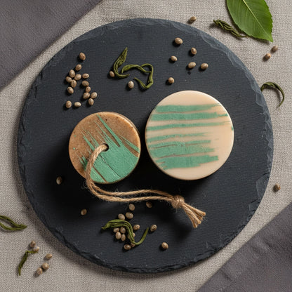 Nachhaltige Haarpflege im Detail: Der feste MUSA Conditioner Hanf und das passende Shampoo liegen auf einer Schieferplatte, dekoriert mit Hanfsamen und grünen Blättern.